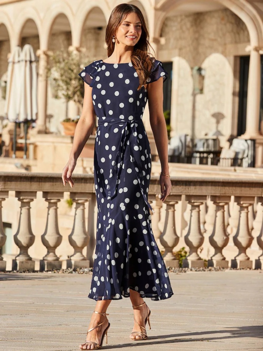 Navy Polka Dot Tie-Front Maxi Dress